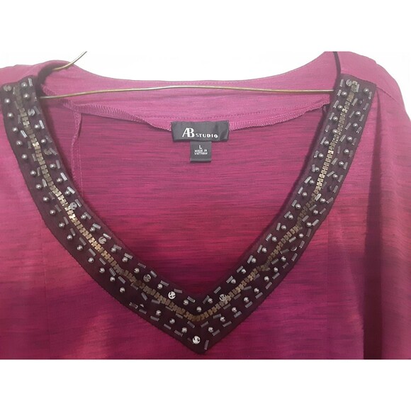 AB Studio Blouse Top Large L Bead V-Neck Short Sleeve Raspberry Red Knit Stretch - Picture 4 of 8